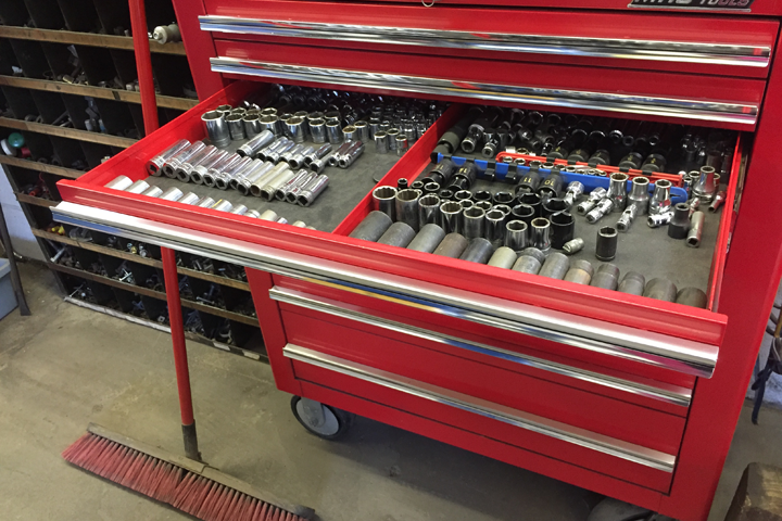 The impeccably clean and organized interior of Kenny’s Garage is shown here.